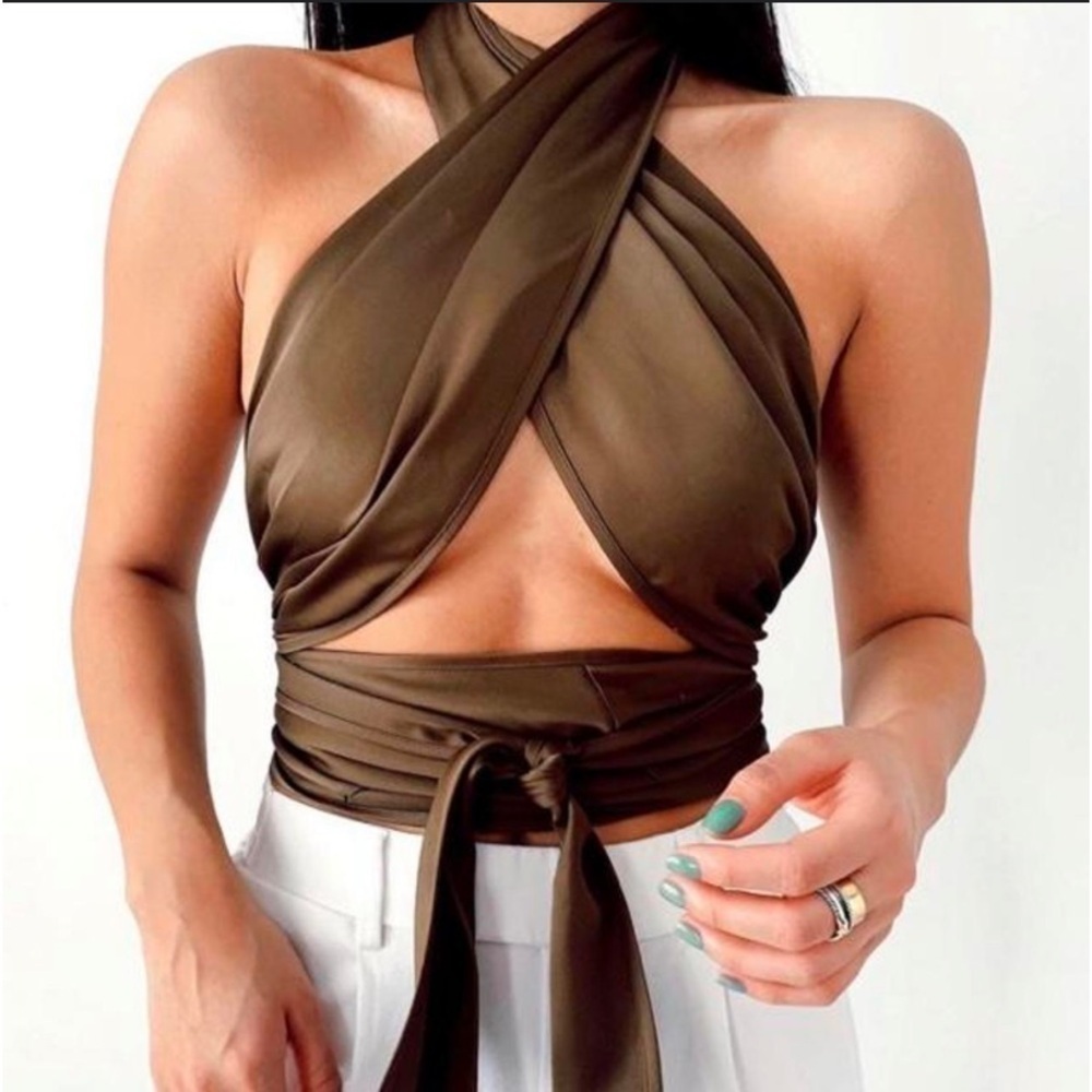 LPA Sleeveless Gathered Wrap Tie Satin Cropped Top 532 Taupe